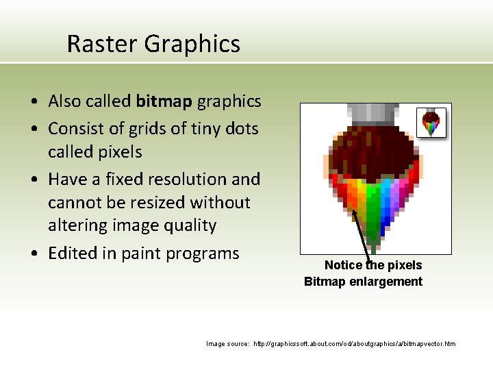 Raster Graphics • Also called bitmap graphics • Consist of grids of tiny dots Raster Graphics • Also called bitmap graphics • Consist of grids of tiny dots