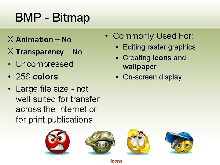 BMP - Bitmap • Commonly Used For: X Animation – No • Editing raster BMP - Bitmap • Commonly Used For: X Animation – No • Editing raster