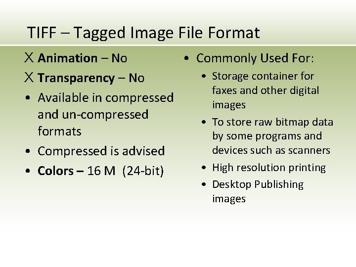 TIFF – Tagged Image File Format X Animation – No • Commonly Used For: TIFF – Tagged Image File Format X Animation – No • Commonly Used For: