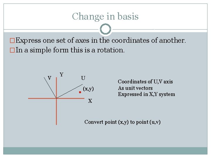 Change in basis �Express one set of axes in the coordinates of another. �In