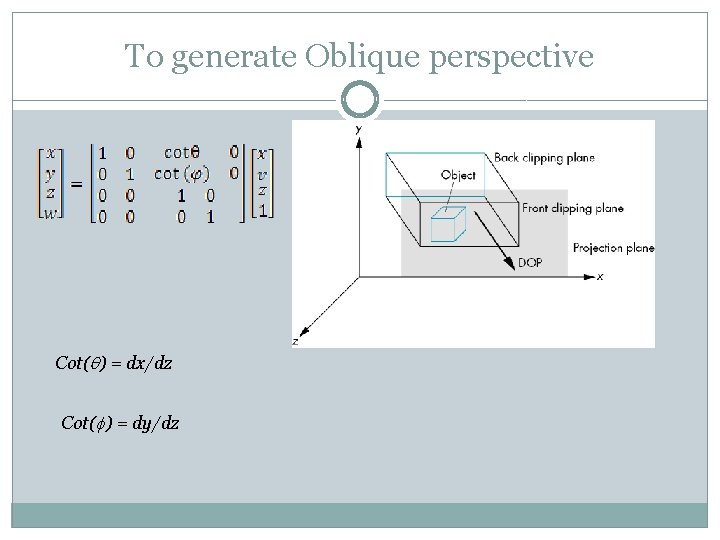 To generate Oblique perspective Cot(q) = dx/dz Cot(f) = dy/dz 