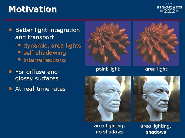 Motivation • Better light integration and transport § dynamic, area lights § self-shadowing §