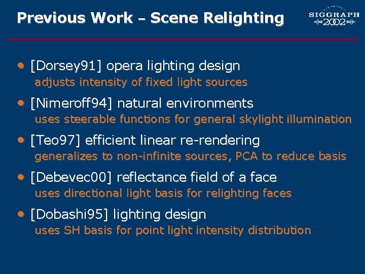 Previous Work – Scene Relighting • [Dorsey 91] opera lighting design adjusts intensity of