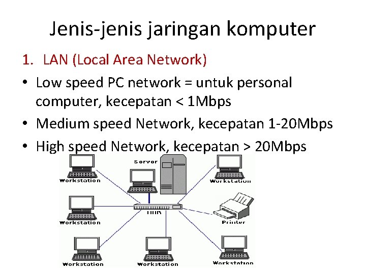 Jenis-jenis jaringan komputer 1. LAN (Local Area Network) • Low speed PC network =