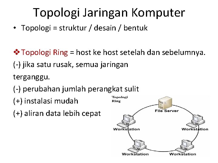 Topologi Jaringan Komputer • Topologi = struktur / desain / bentuk v Topologi Ring