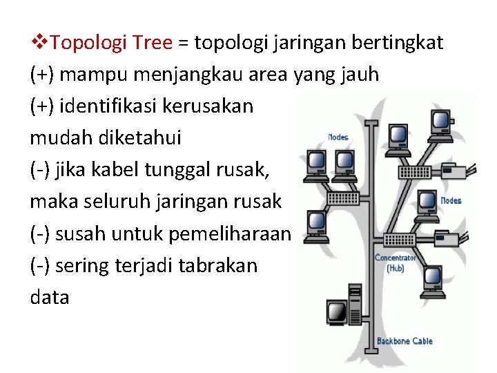 v. Topologi Tree = topologi jaringan bertingkat (+) mampu menjangkau area yang jauh (+)