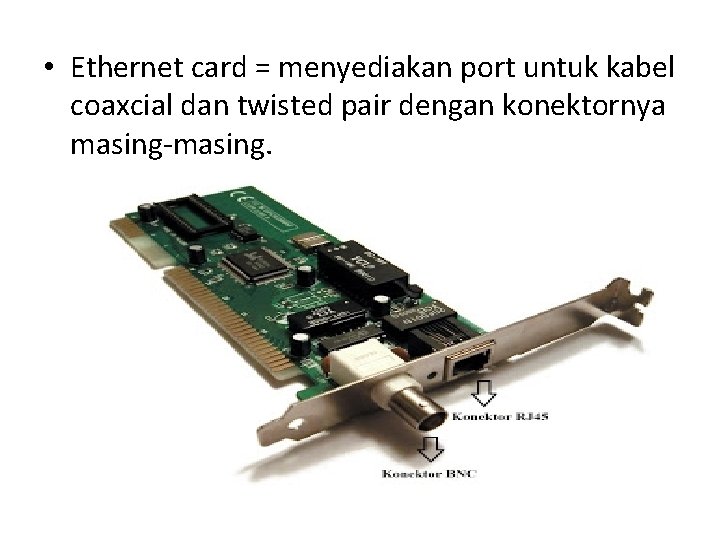  • Ethernet card = menyediakan port untuk kabel coaxcial dan twisted pair dengan