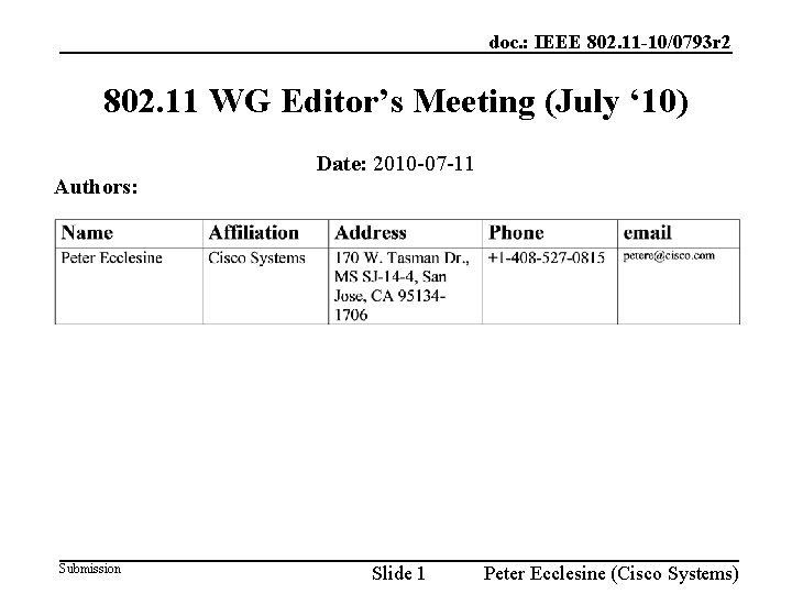 doc. : IEEE 802. 11 -10/0793 r 2 802. 11 WG Editor’s Meeting (July