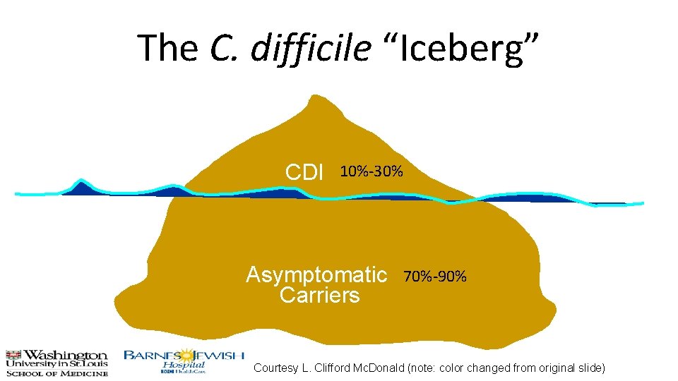 The C. difficile “Iceberg” CDI 10%-30% Asymptomatic Carriers 70%-90% Courtesy L. Clifford Mc. Donald