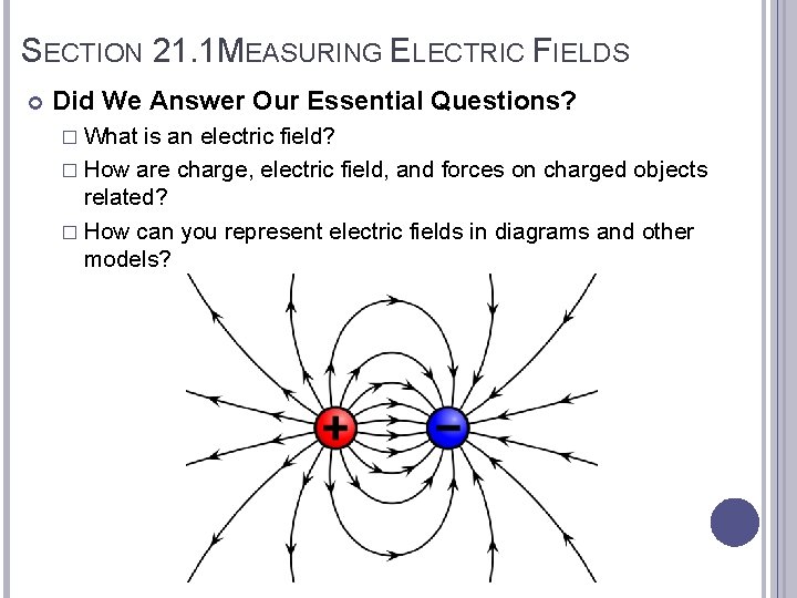 SECTION 21. 1 MEASURING ELECTRIC FIELDS Did We Answer Our Essential Questions? � What