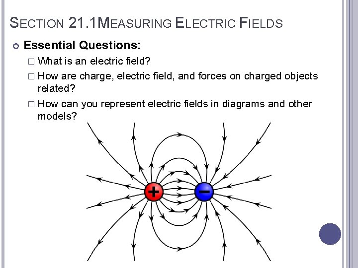 SECTION 21. 1 MEASURING ELECTRIC FIELDS Essential Questions: � What is an electric field?