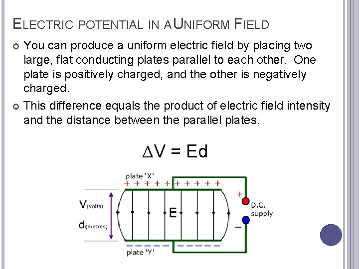 ELECTRIC POTENTIAL IN A UNIFORM FIELD You can produce a uniform electric field by