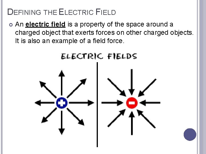DEFINING THE ELECTRIC FIELD An electric field is a property of the space around