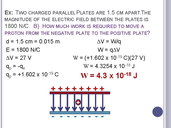 EX: TWO CHARGED PARALLEL PLATES ARE 1. 5 CM APART. THE MAGNITUDE OF THE