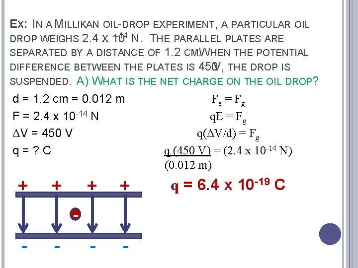 EX: IN A MILLIKAN OIL-DROP EXPERIMENT, A PARTICULAR OIL -14 N. THE PARALLEL PLATES