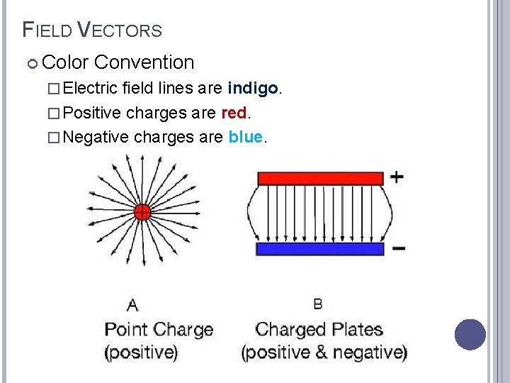 FIELD VECTORS Color Convention � Electric field lines are indigo. � Positive charges are