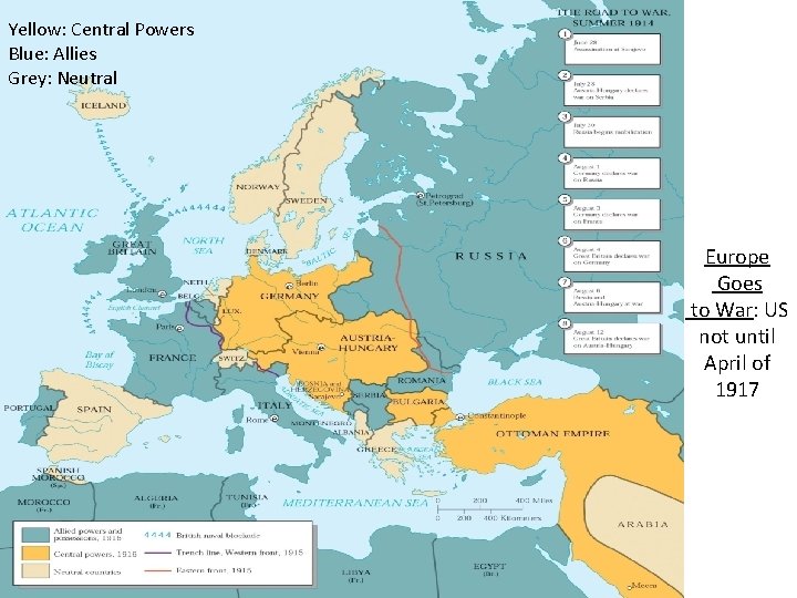 Yellow: Central Powers Blue: Allies Grey: Neutral Europe Goes to War: US not until