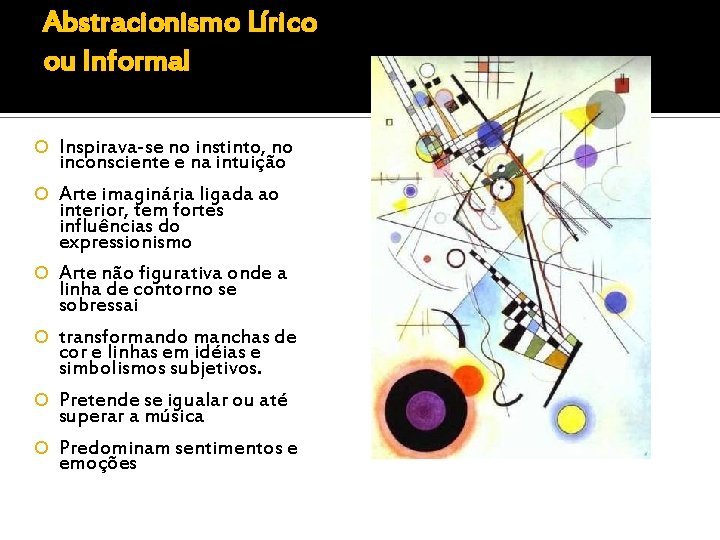 Abstracionismo Lírico ou Informal Inspirava-se no instinto, no inconsciente e na intuição Arte imaginária