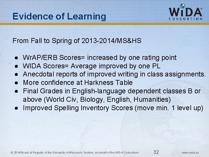 Evidence of Learning From Fall to Spring of 2013 -2014/MS&HS ● ● ● Wr.
