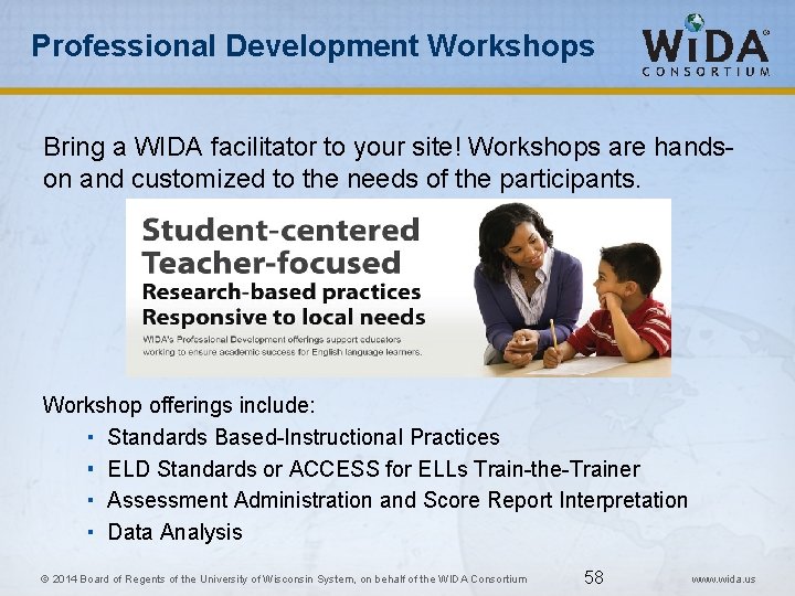 Professional Development Workshops Bring a WIDA facilitator to your site! Workshops are handson and
