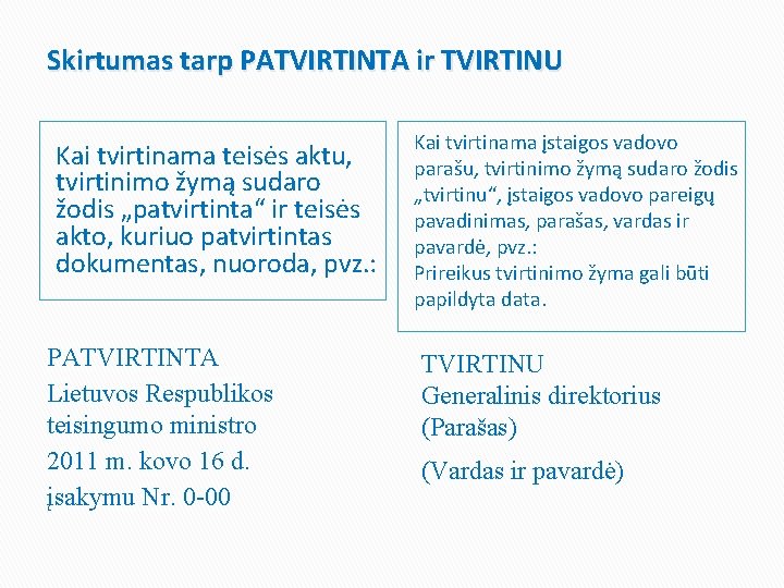 Skirtumas tarp PATVIRTINTA ir TVIRTINU Kai tvirtinama teisės aktu, tvirtinimo žymą sudaro žodis „patvirtinta“