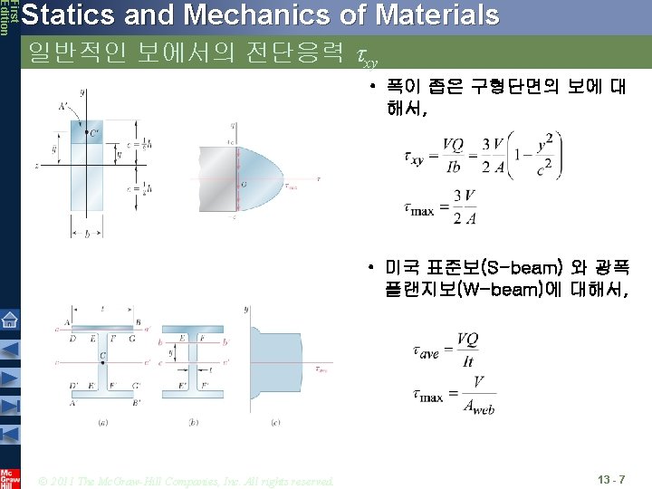 First Edition Statics and Mechanics of Materials 일반적인 보에서의 전단응력 txy • 폭이 좁은