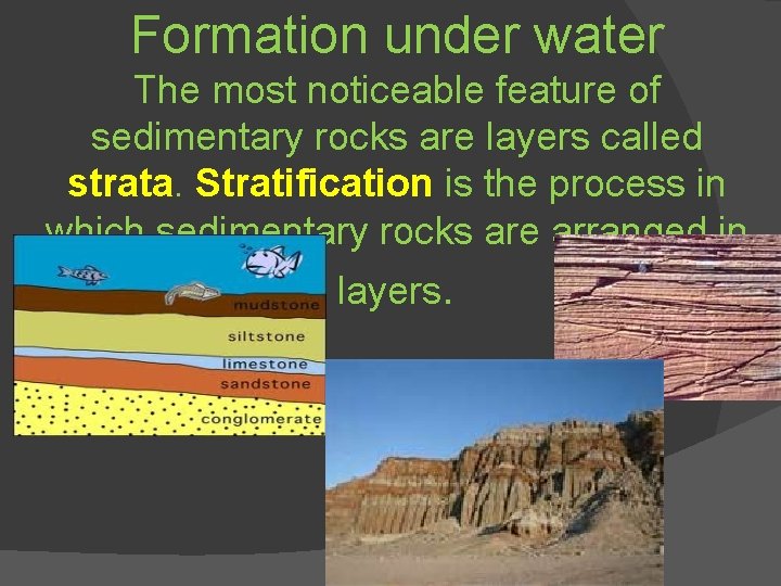 Formation under water The most noticeable feature of sedimentary rocks are layers called strata.