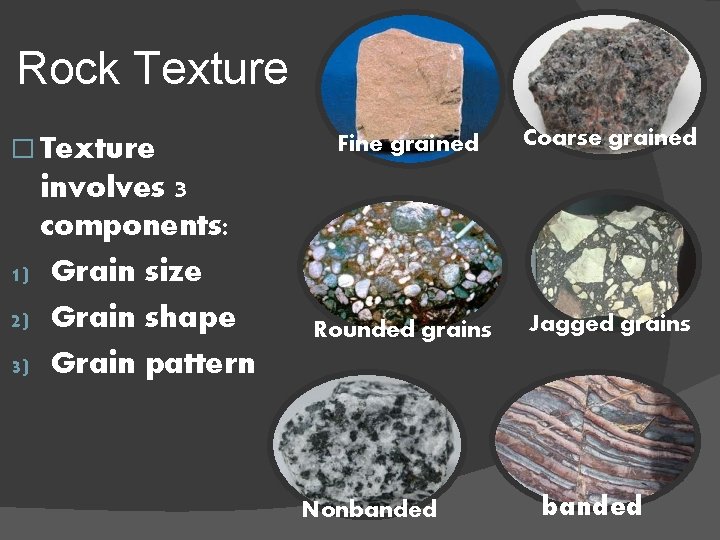 Rock Texture � Texture involves 3 components: 1) Grain size 2) Grain shape 3)