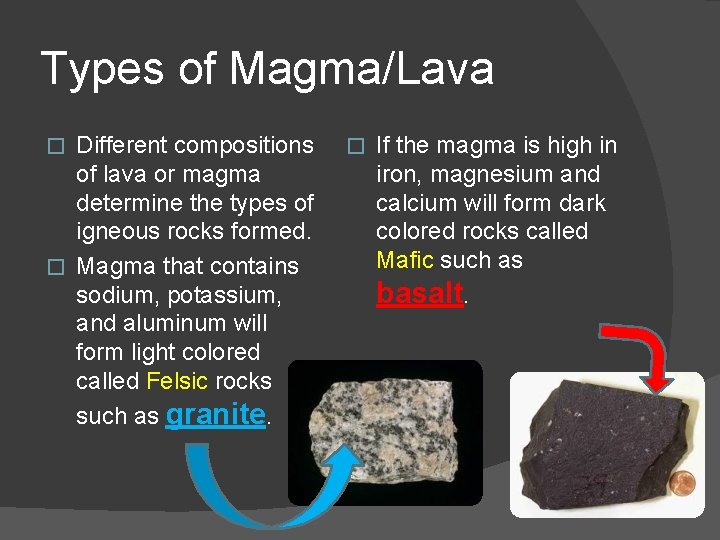 Types of Magma/Lava Different compositions of lava or magma determine the types of igneous