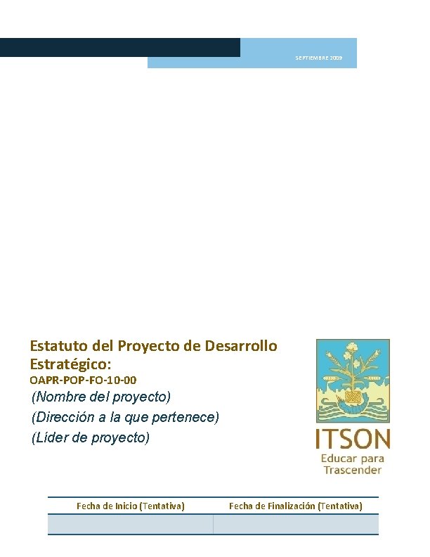 NOMBRE DE LA DIRECCIÓN SEPTIEMBRE 2009 Estatuto del Proyecto de Desarrollo Estratégico: OAPR-POP-FO-10 -00