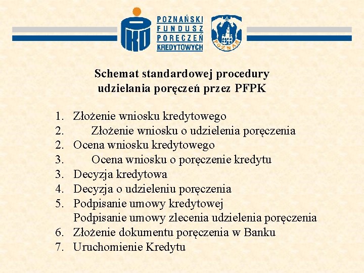 Schemat standardowej procedury udzielania poręczeń przez PFPK 1. 2. 2. 3. 3. 4. 5.