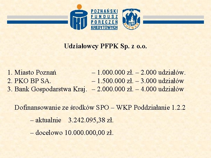 Udziałowcy PFPK Sp. z o. o. 1. Miasto Poznań – 1. 000 zł. –
