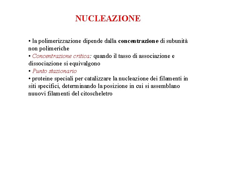 NUCLEAZIONE • la polimerizzazione dipende dalla concentrazione di subunità non polimeriche • Concentrazione critica: