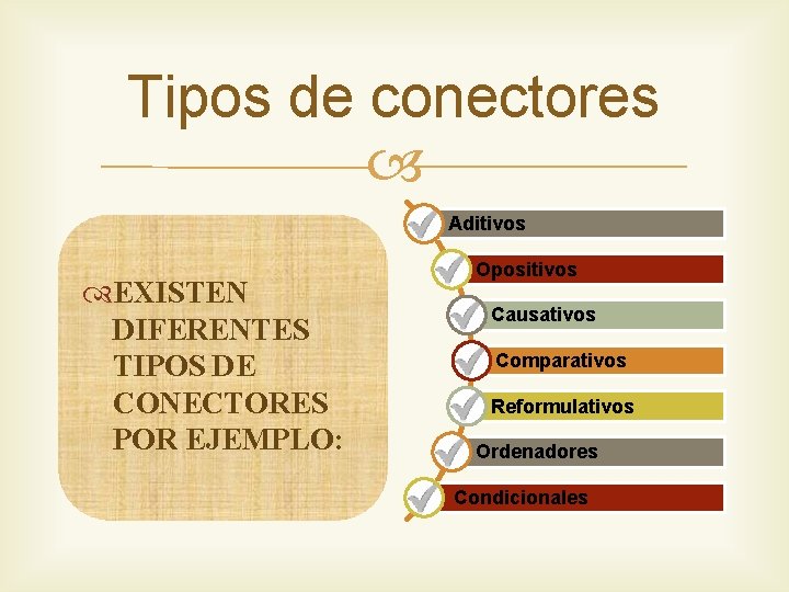 Tipos de conectores Aditivos EXISTEN DIFERENTES TIPOS DE CONECTORES POR EJEMPLO: Opositivos Causativos Comparativos Tipos de conectores Aditivos EXISTEN DIFERENTES TIPOS DE CONECTORES POR EJEMPLO: Opositivos Causativos Comparativos