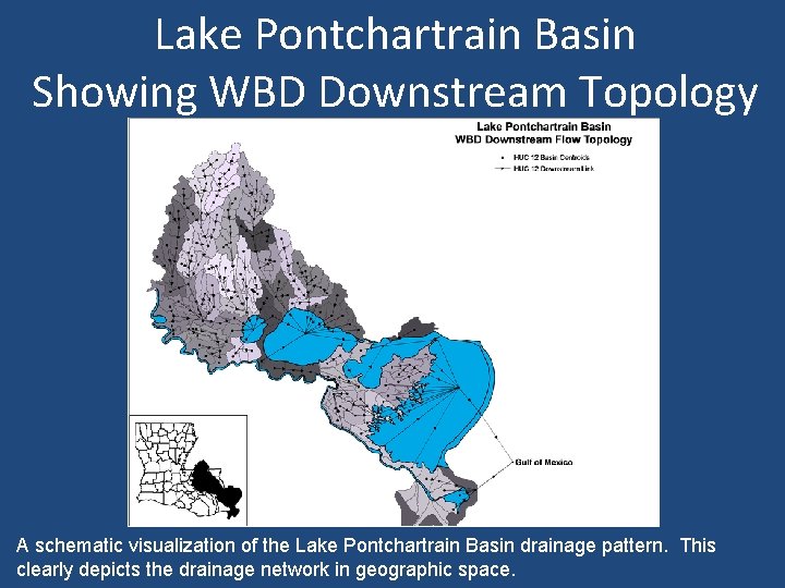 Lake Pontchartrain Basin Showing WBD Downstream Topology A schematic visualization of the Lake Pontchartrain