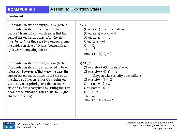 EXAMPLE 16. 3 Assigning Oxidation States Continued The oxidation state of oxygen is –