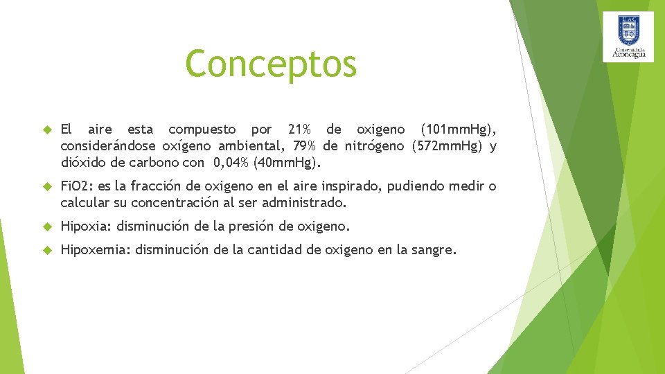 Conceptos El aire esta compuesto por 21% de oxigeno (101 mm. Hg), considerándose oxígeno