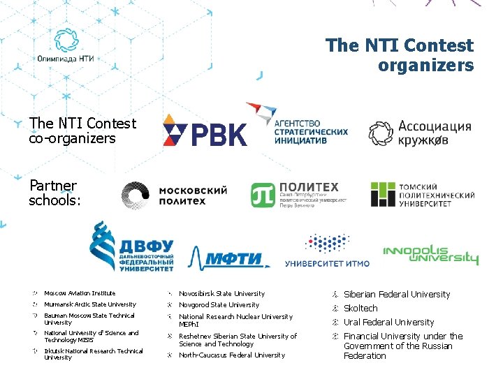 The NTI Contest organizers The NTI Contest co-organizers Partner schools: Moscow Aviation Institute Novosibirsk
