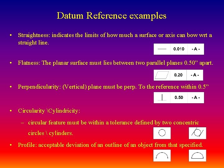 Datum Reference examples • Straightness: indicates the limits of how much a surface or