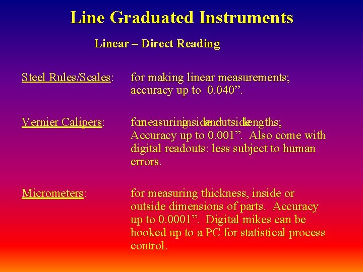 Line Graduated Instruments Linear – Direct Reading Steel Rules/Scales: for making linear measurements; accuracy