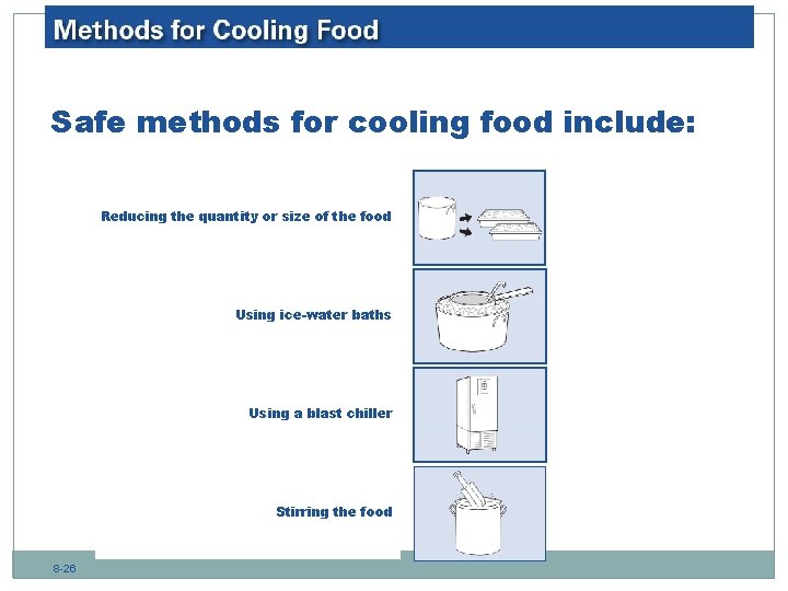 Safe methods for cooling food include: Reducing the quantity or size of the food
