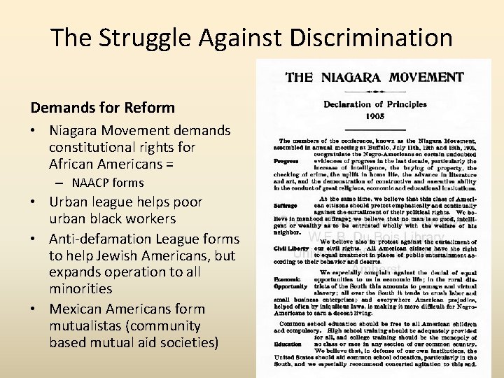 The Struggle Against Discrimination Demands for Reform • Niagara Movement demands constitutional rights for