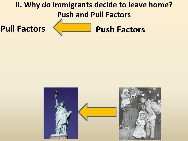 II. Why do Immigrants decide to leave home? Push and Pull Factors Push Factors