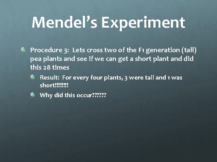 Mendel’s Experiment Procedure 3: Lets cross two of the F 1 generation (tall) pea