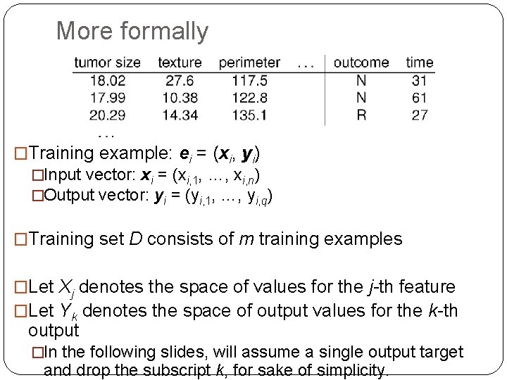 More formally �Training example: ei = (xi, yi) �Input vector: xi = (xi, 1,