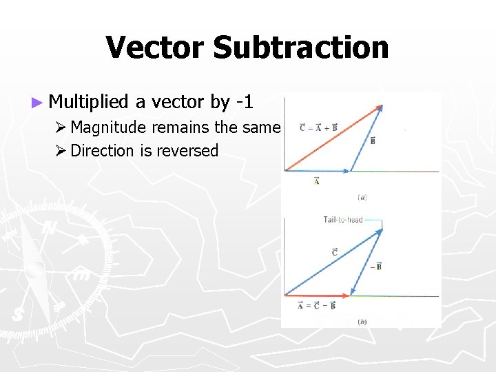 Vector Subtraction ► Multiplied a vector by -1 Ø Magnitude remains the same Ø