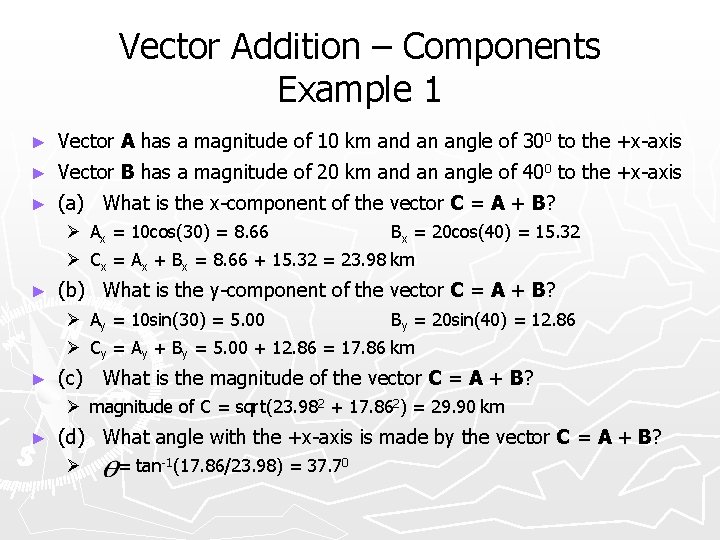 Vector Addition – Components Example 1 ► Vector A has a magnitude of 10