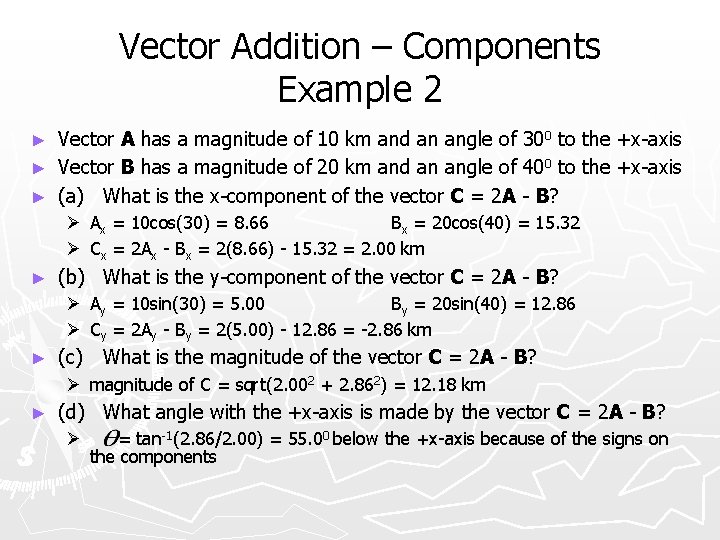 Vector Addition – Components Example 2 Vector A has a magnitude of 10 km