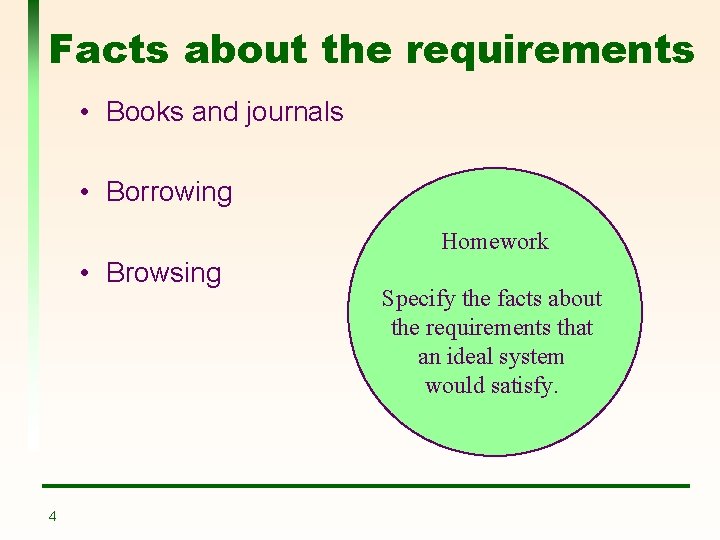 Facts about the requirements • Books and journals • Borrowing Homework • Browsing 4