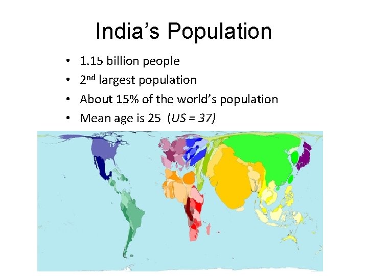 India’s Population • • 1. 15 billion people 2 nd largest population About 15%